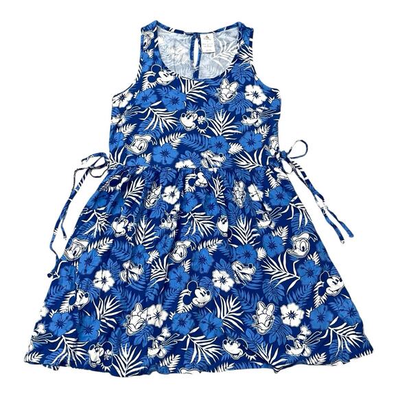 Disney Sun Dress XS Blue Mickey Mouse & Friends Aloha Hawaiian Floral Hibiscus - Picture 1 of 9